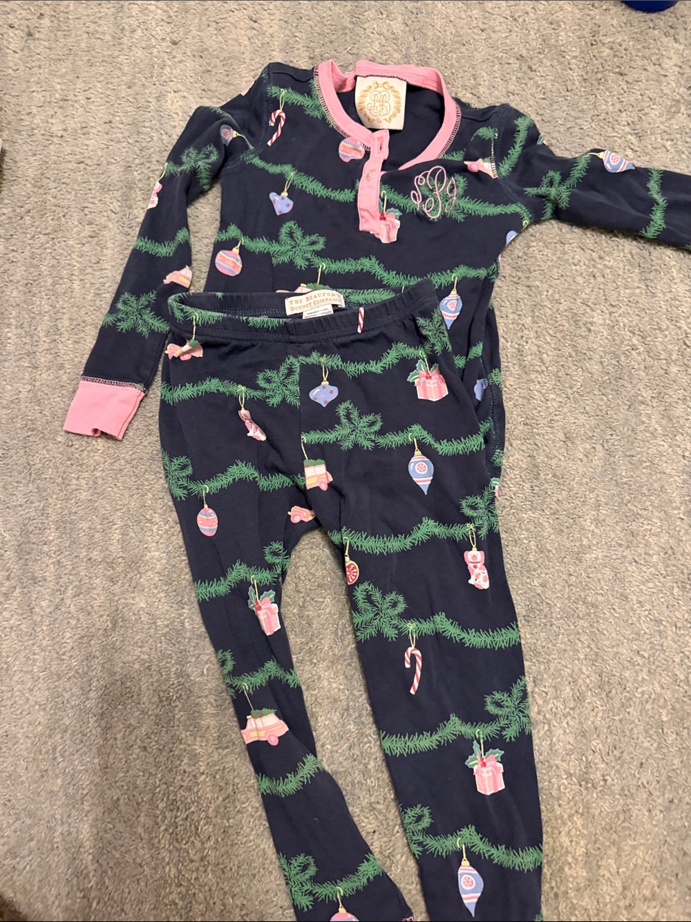 Beaufort Bonnet Kids Navy & Pink Holiday Pajama Set with Ornament Print